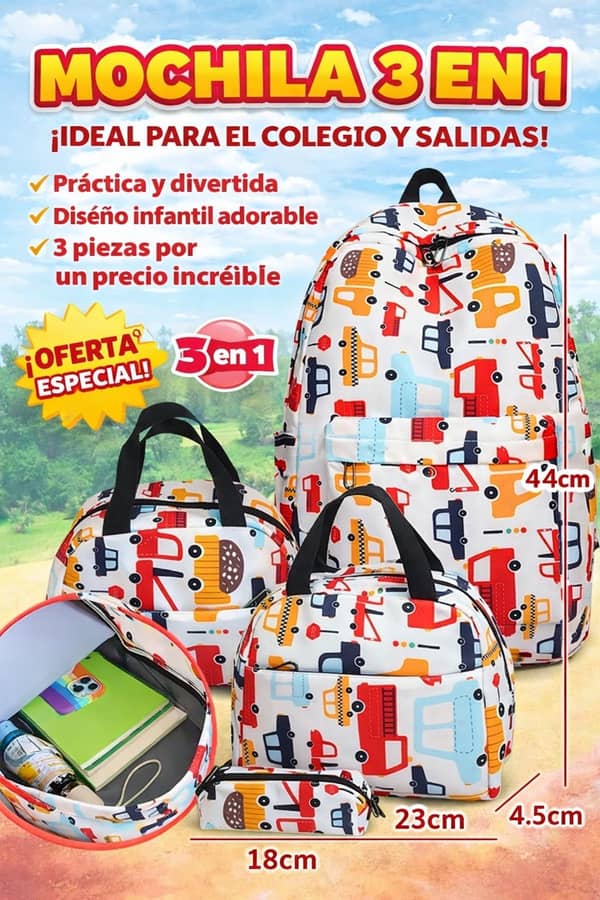 Mochila 43 cm + bolso + cartuchera autos